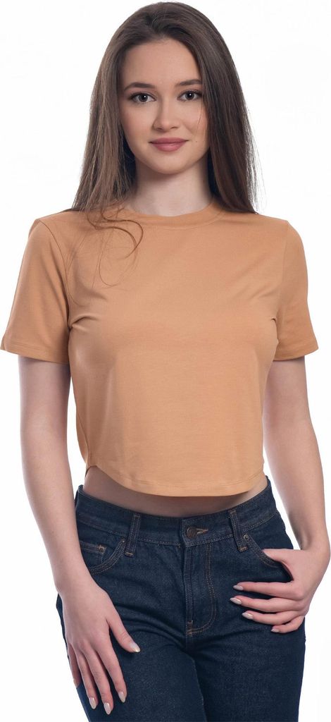 Damen-Crop-Top mit kurzen Ärmeln und Rundhalsausschnitt. Sandfarben: XS