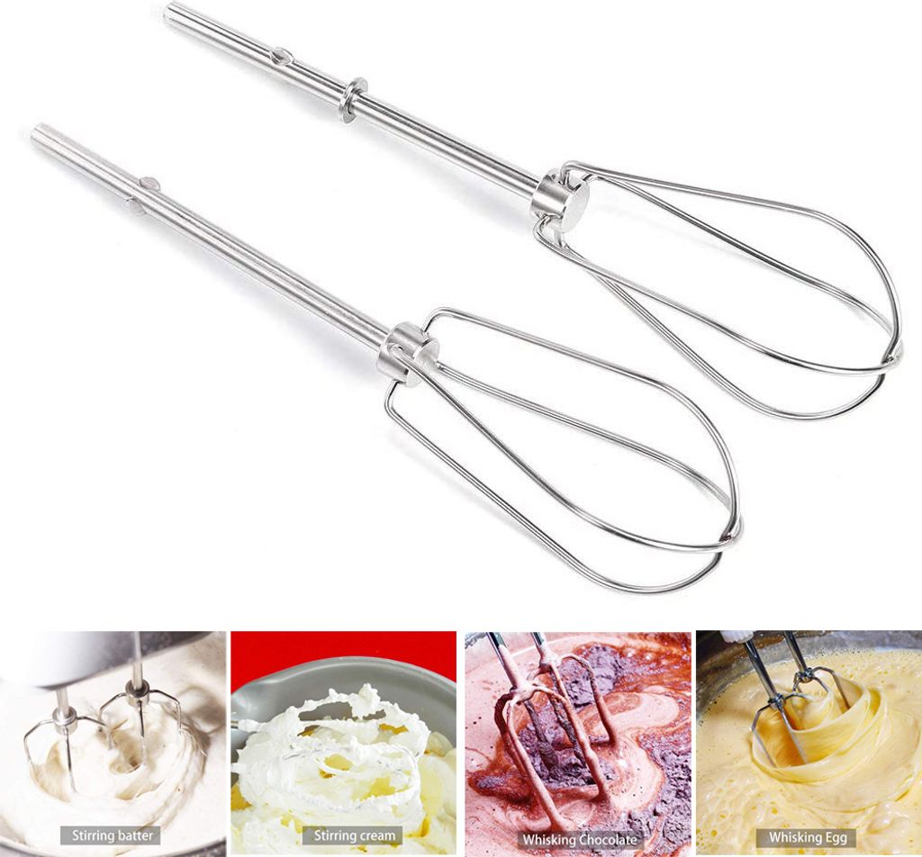 The image shows two stainless steel whisk attachments for a hand mixer, with four smaller images at the bottom demonstrating their use in mixing batter, cream, chocolate, and eggs.