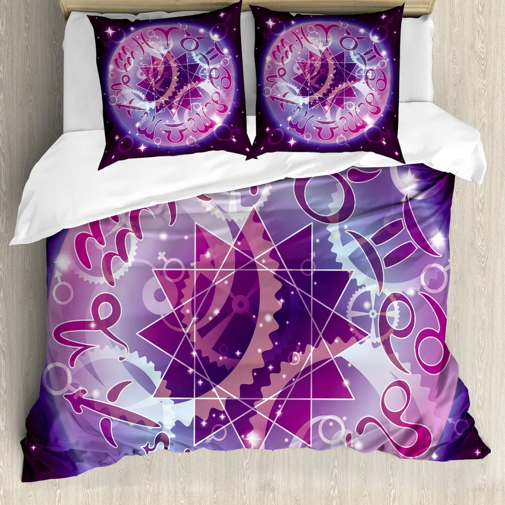 ABAKUHAUS Copripiumino Astrologia, Cerchio zodiacale, Antiacaro, Adatto a chi soffre di allergie, con federe, 155 cm x 220 cm - 80 x 80 cm, Viola e Azzurro