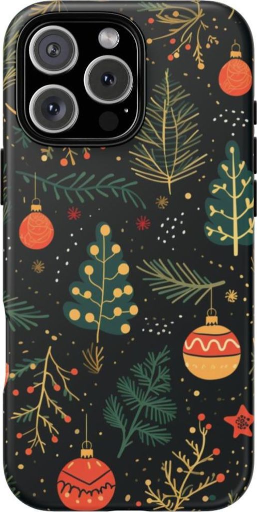 Festliches Weihnachtsmuster mit Tannenzweigen und Christbaumschmuck – Hülle Kompatibel mit iPhone 16 Pro Max