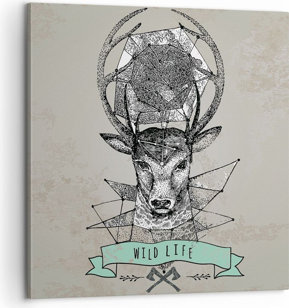 Bild auf Leinwand - Leinwandbild - Hirsch Geweih Wald - 60x60cm - Wand Bild - Wanddeko - Wandbilder - Leinwanddruck - Bilder - Kunstdruck - Wanddek...