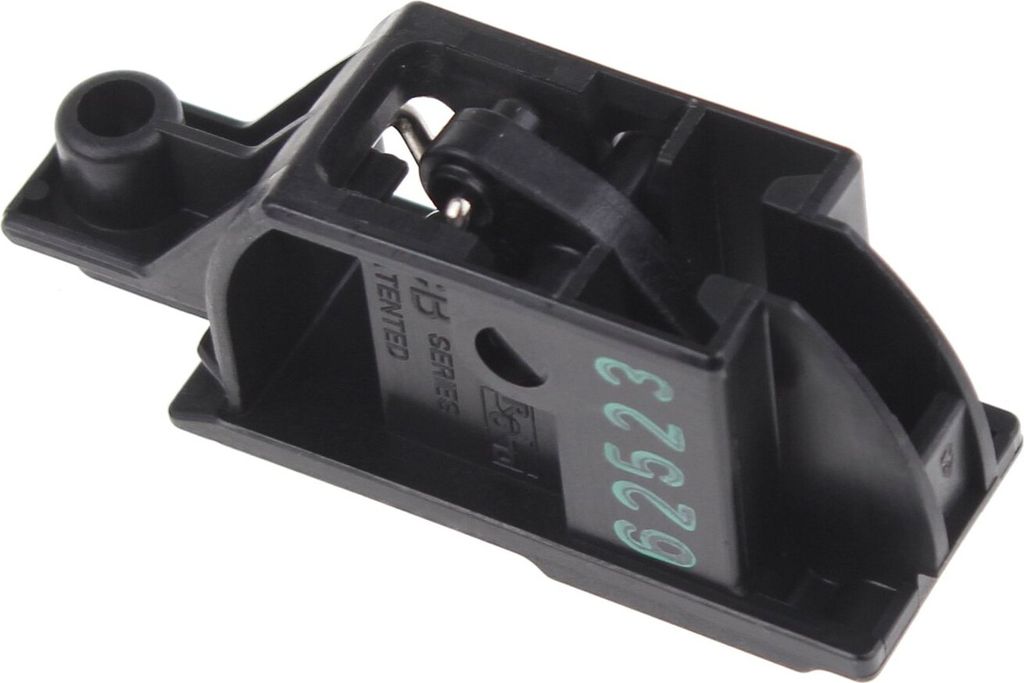 A black plastic door latch mechanism.