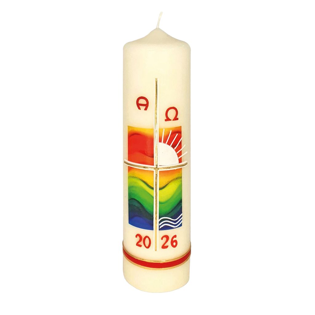 Osterkerze Regenbogen mit Sonne, A und O, Jahreszahl 270 x Ø 70 mm