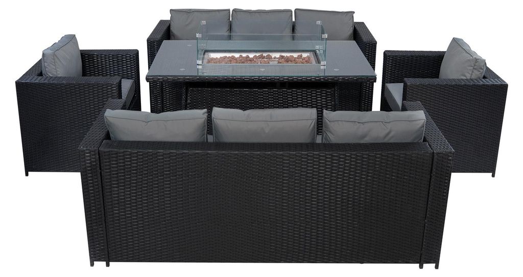 Rattan Gartenmöbel 8-Sitzer Schwarz Polyrattan 3-Sitzer Sofas Sessel Gas Feuerstellen Esstisch 5-teilig Outdoor UV-beständig Dicke Kissen Regenab...