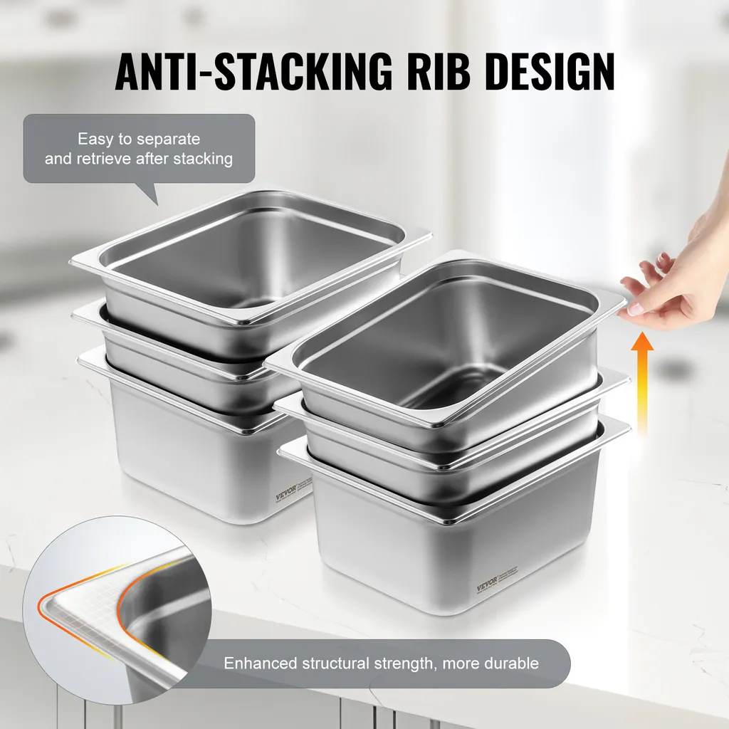 VEVOR confezione da 6 teglie per hotel, padella a vapore anti-inceppamento da 1/2, padella a vapore per ristoranti in acciaio inox da 0,8 mm di spessore, padella da tavolo commerciale da 6 pollici di profondità, padella per la conservazione degli alimenti per il catering, per l'industria e la scienza - 4