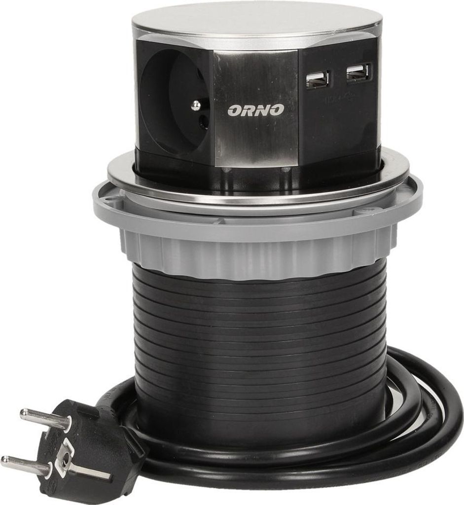 Einbausteckdose 3x250V mit USB-Ladegerät 1,5m INOX OR-AE-1381