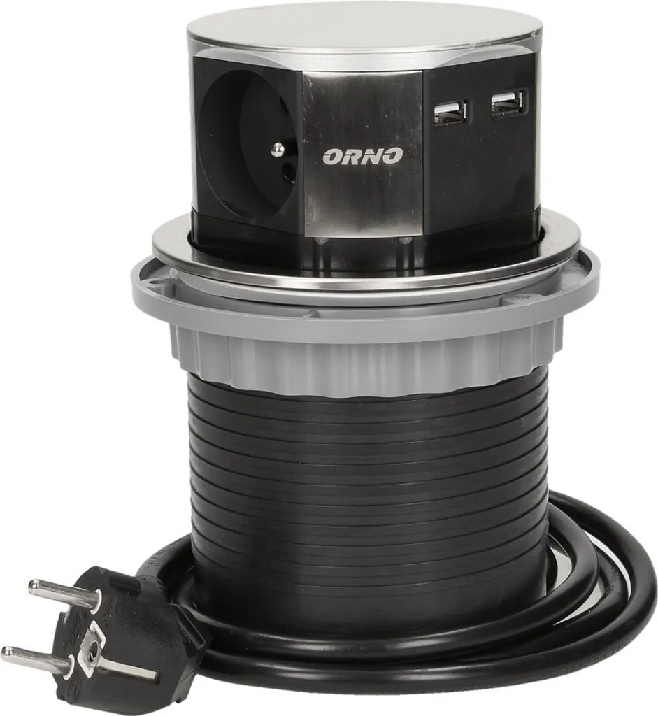 Bloc de prises rond ORNO OR-AE-1381, 3 prises et 2 ports USB, inox 1.5m