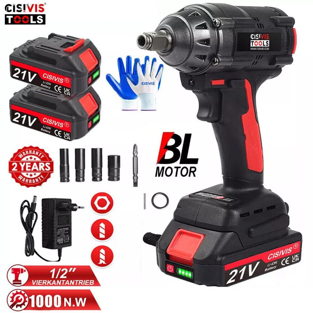 21V Akku Schlagschrauber, bürstenlos, 1000 Nm Drehmoment, 1/2" Antrieb, 2 Akkus, Ladegerät & Stecknüsse, leistungsstark für Werkstatt & Montage
