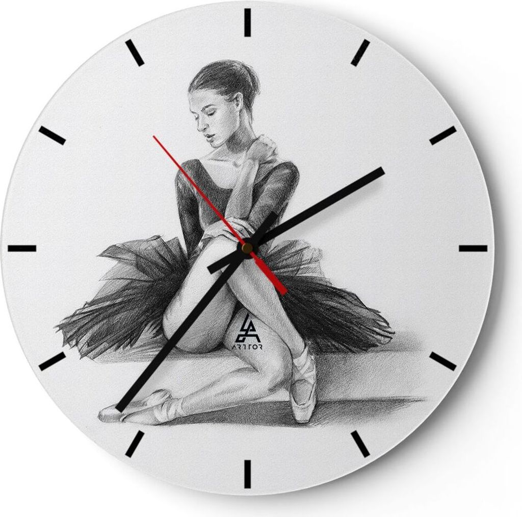 Wanduhr - Rund - Glasuhr - Ballerina Zeichnung Bleistift - 40x40cm - Schleichendes Uhrwerk - Lautlos - zum Aufhängen bereit - Dekoration Modern - ...
