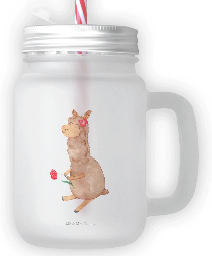 Mr. & Mrs. Panda Glas Alpaka Blume - Transparent - Geschenk, Lama, Lamas, Becher mit Strohhalm, Spruch, Cocktailglas, Trinkglas, Schraubverschluss,...