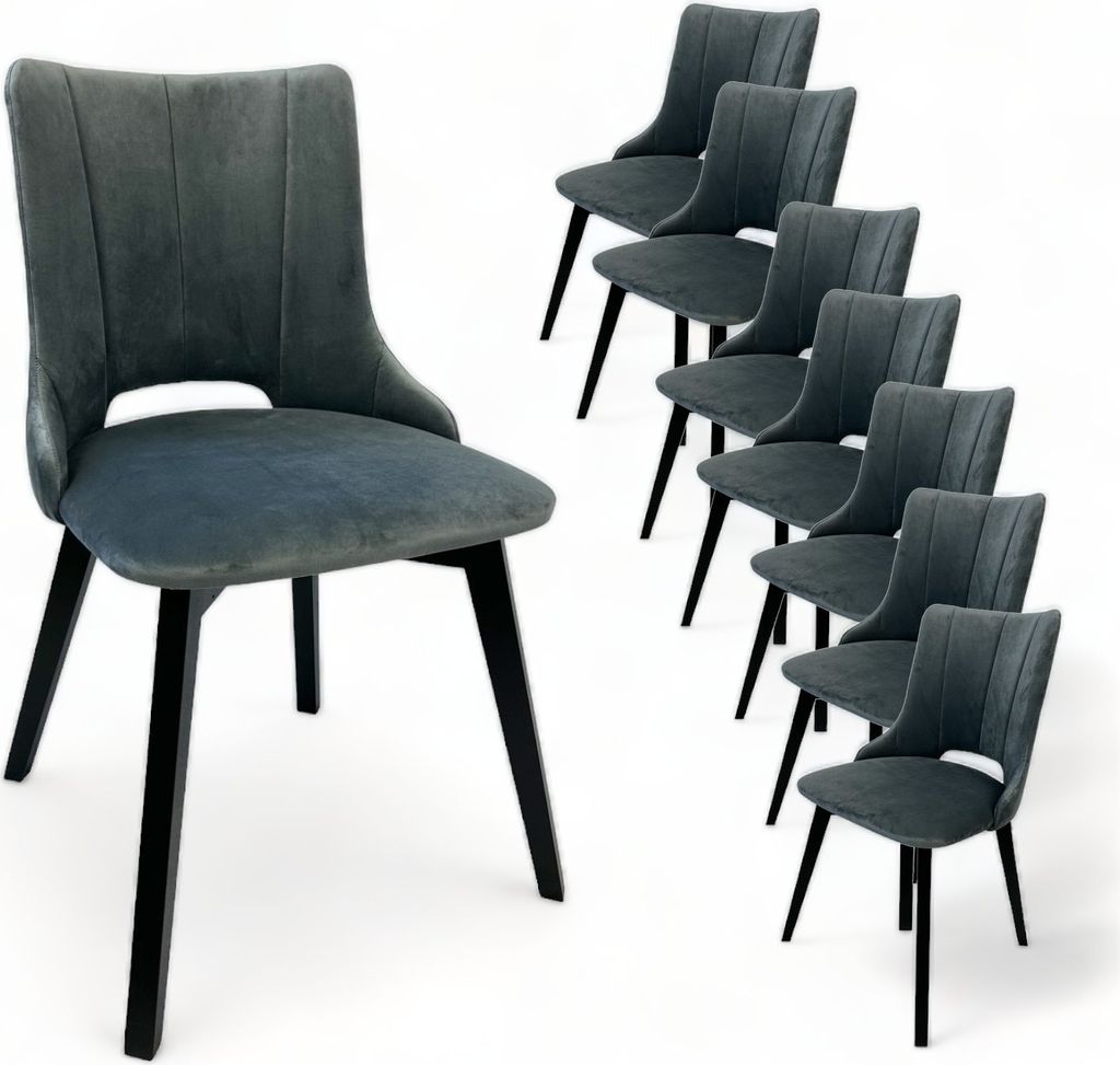 8x BELLA Gepolsterter Sessel Stuhl Schwarze Beine + Grauer Samtstoff