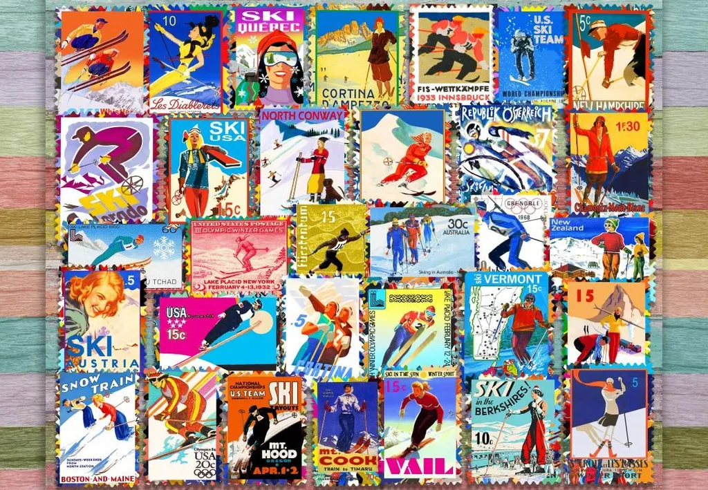 Grafika Puzzle Ski Stamp Posters 1000 pièces - Puzzle d'Hiver Vintage