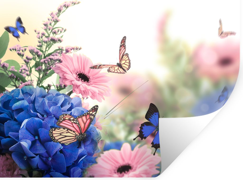 MuchoWow Wandtattoo Wandsticker Wandaufkleber Schmetterlinge - Blumen - Hortensien - Insekten 160x120 cm Selbstklebend und Repositionierbar - Sel...