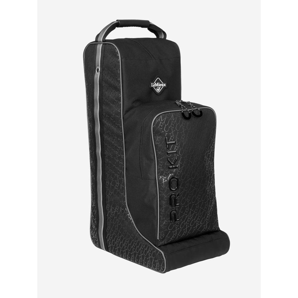 A black boot and hat bag with a logo on a light gray background.