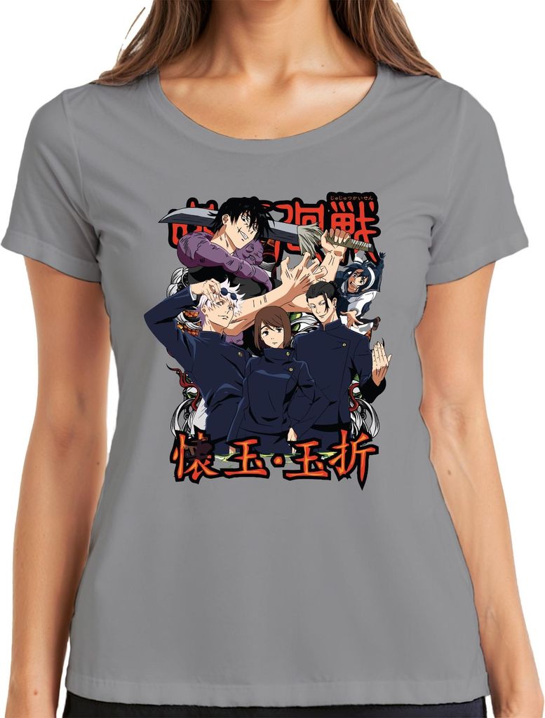Jujutsu Kaisen Anime Manga Fluchmagie Sukuna Gojo Yuji Geschenk Damen T-Shirt, Grau, S