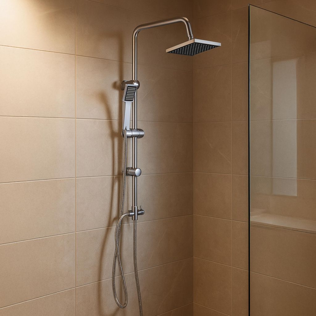 A modern shower system with a square overhead shower head and a handheld shower head, mounted on a vertical bar against a tiled wall.
