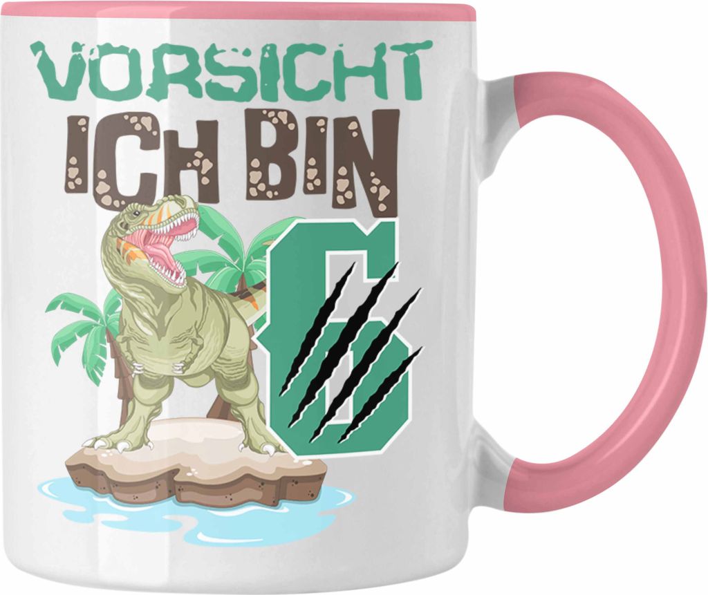 Trendation - Vorsicht Ich Bin 6 Geschenk 6er Geburtstag Geschenkidee Jungs Dinosaurier Tasse Becher T-rex (Rosa)