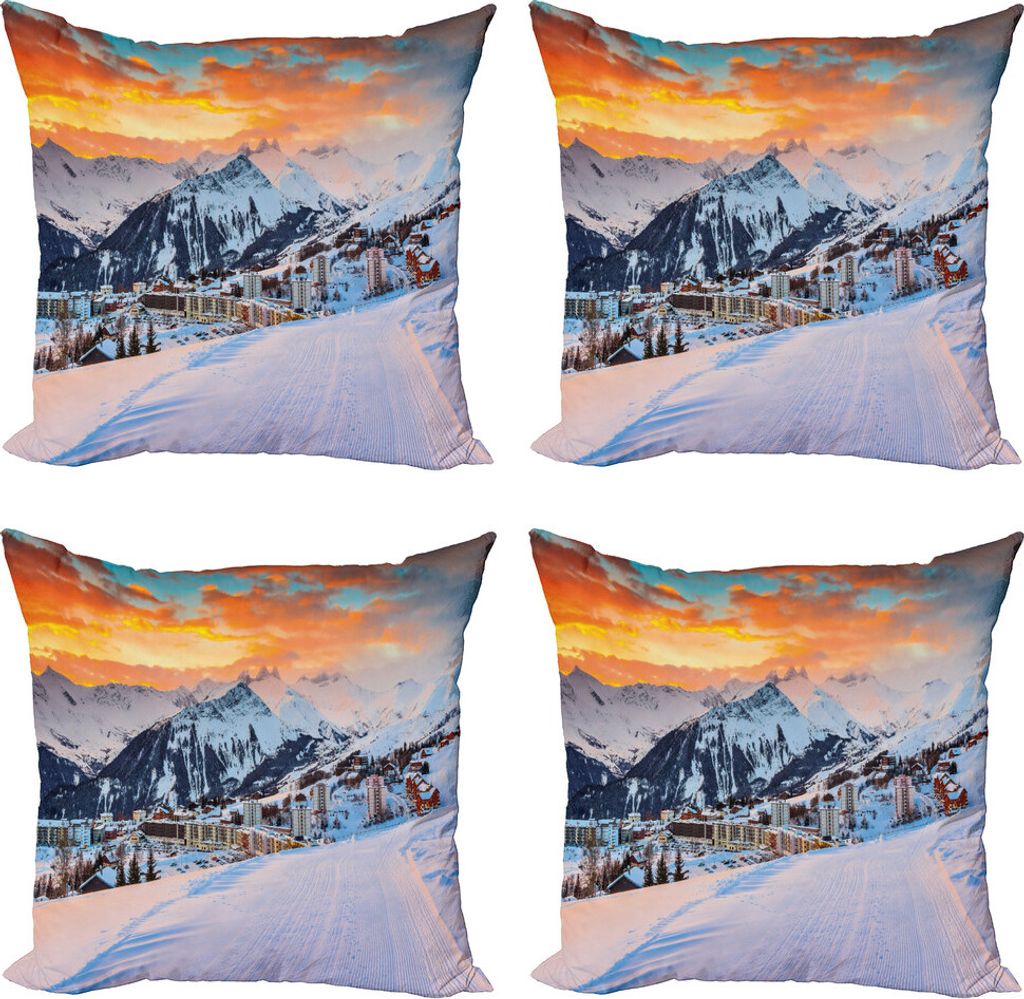 ABAKUHAUS Winter Kissenbezug Set (4 Stück), Wintersaison Berg, Moderner Doppelseitiger Digitaldruck, 50 cm x 50 cm, Orange Weiss