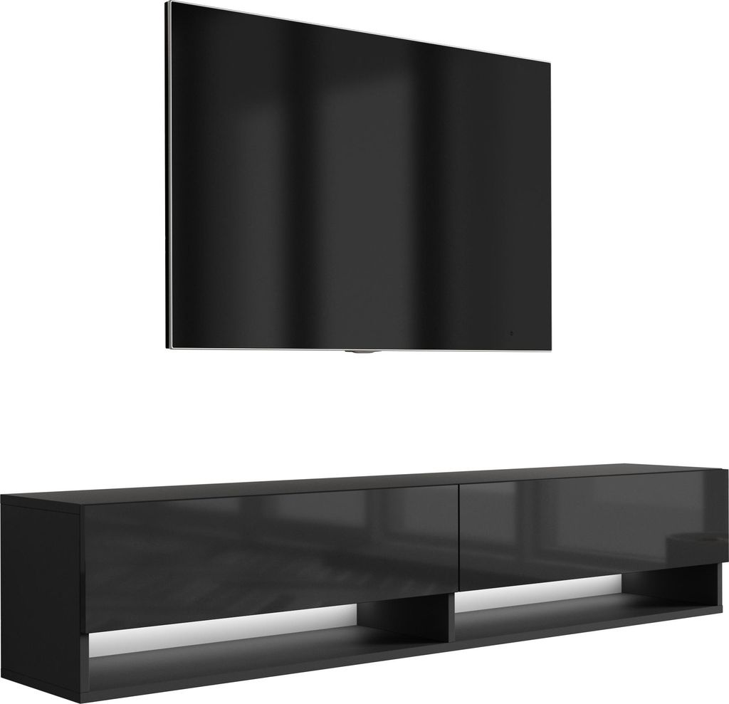 TV-Lowboard 170 cm Mattschwarz / Hochglanzschwarz, weiße LED, 170 × 32 × 34 cm
