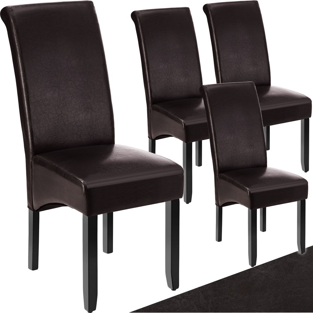 Four dark brown upholstered dining chairs are arranged on a white background.