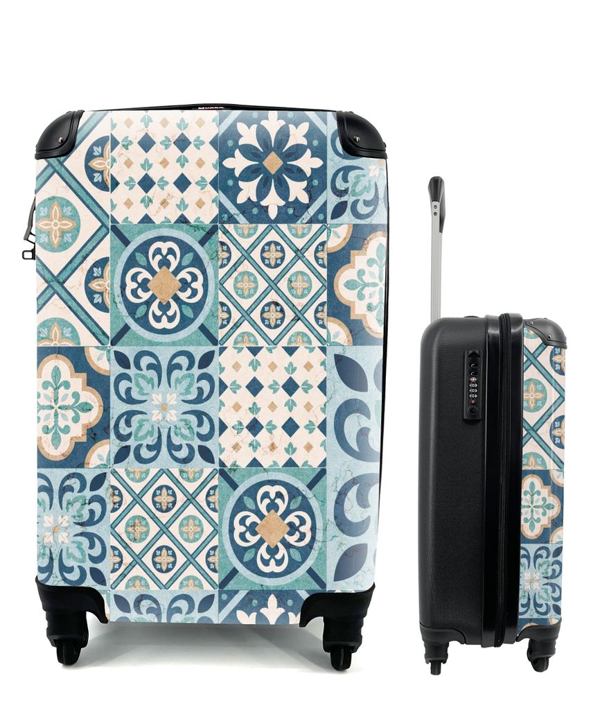 MuchoWow Koffer Handgepäck Trolley Rollkoffer Kleine Reisekoffer mit 4 Rollen - Blumen - Blau - Design - Fliese - Cabin Size < 55x40x23 cm & 55x...