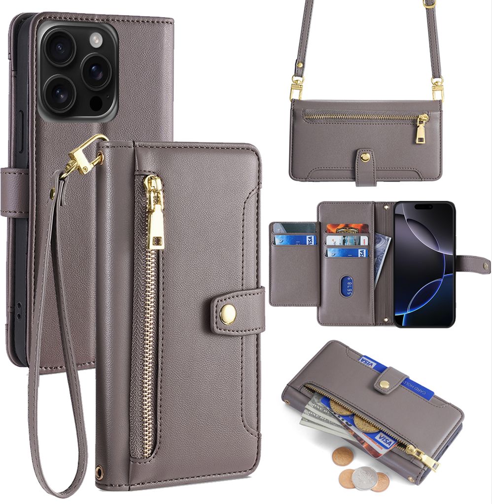 Handykette für iPhone 16 Pro – Kunstleder Hülle mit Band, Kartenfächern & Umhängetasche Grau