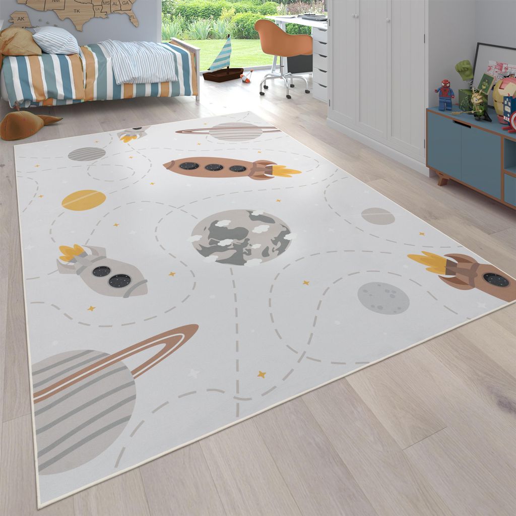 Teppich Kinderzimmer Kinderteppich Rutschfest Rakete Planet Produktbild 
