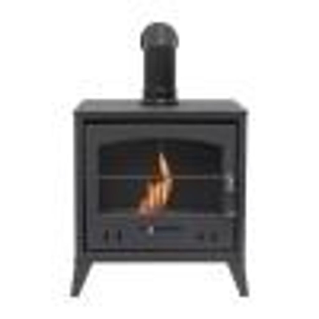 Anthrazitgrauer Bioethanol-Kamin OKO S4 mit Design-Schornsteinrohr und Holzlager, 3 kW, 83,3× 55 × 38 cm, freistehend, ohne Schornstein