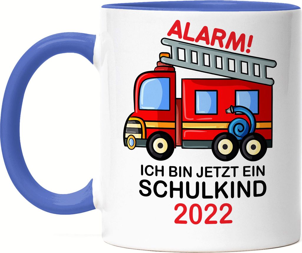 Alarm Ich Bin Jetzt Ein Schulkind 2022 Tasse Blau Rotes Feuerwehr-Auto Einschulungsgeschenk Idee