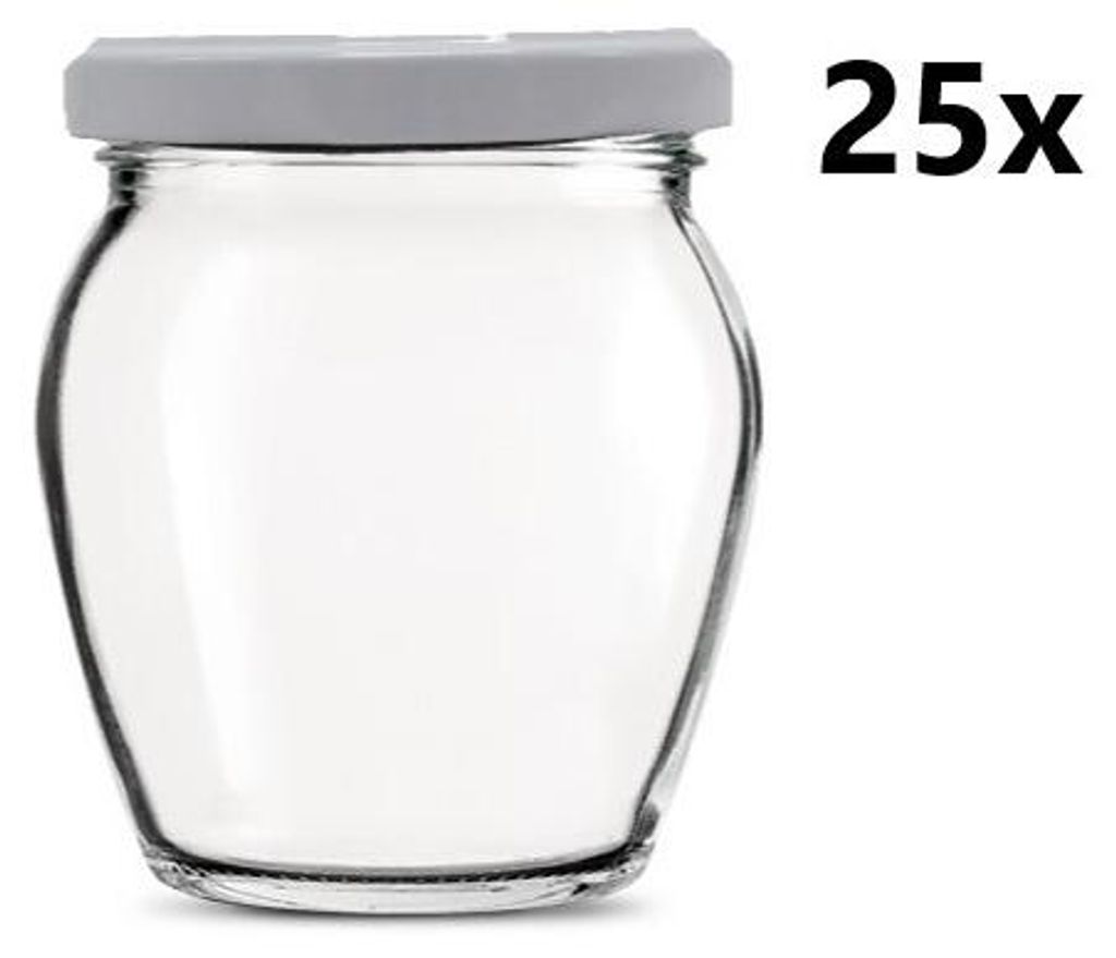 A clear glass jar with a gray lid, shown against a white background. Text indicating '25x' is present on the right side.