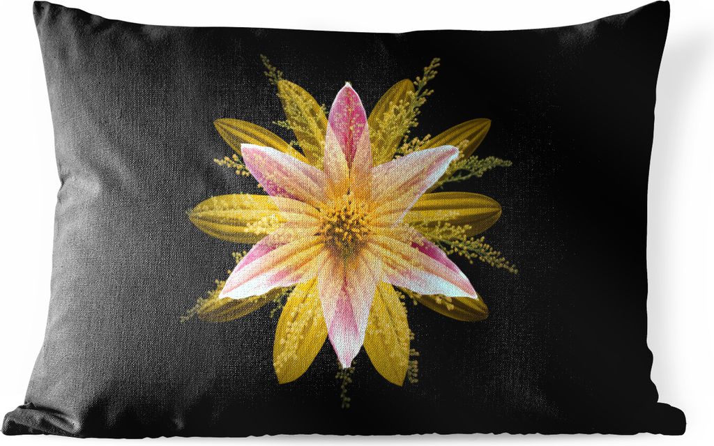 MuchoWow Outdoor Kissen - Eine gelbe Blume auf schwarzem Hintergrund - 50x30 cm - Wetterfest - Lounge Kissen - Sofa kissen - Wohnzimmer Dekoration