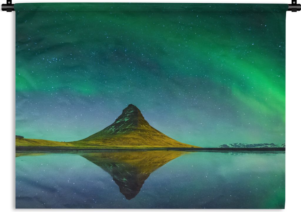 MuchoWow Wandteppich Wandbehang Nordlicht - Berge - Wasser - Island - Natur 120x90 cm Tapisserie Dekoration Wandtuch - Wohnen - Aufhänger für d...