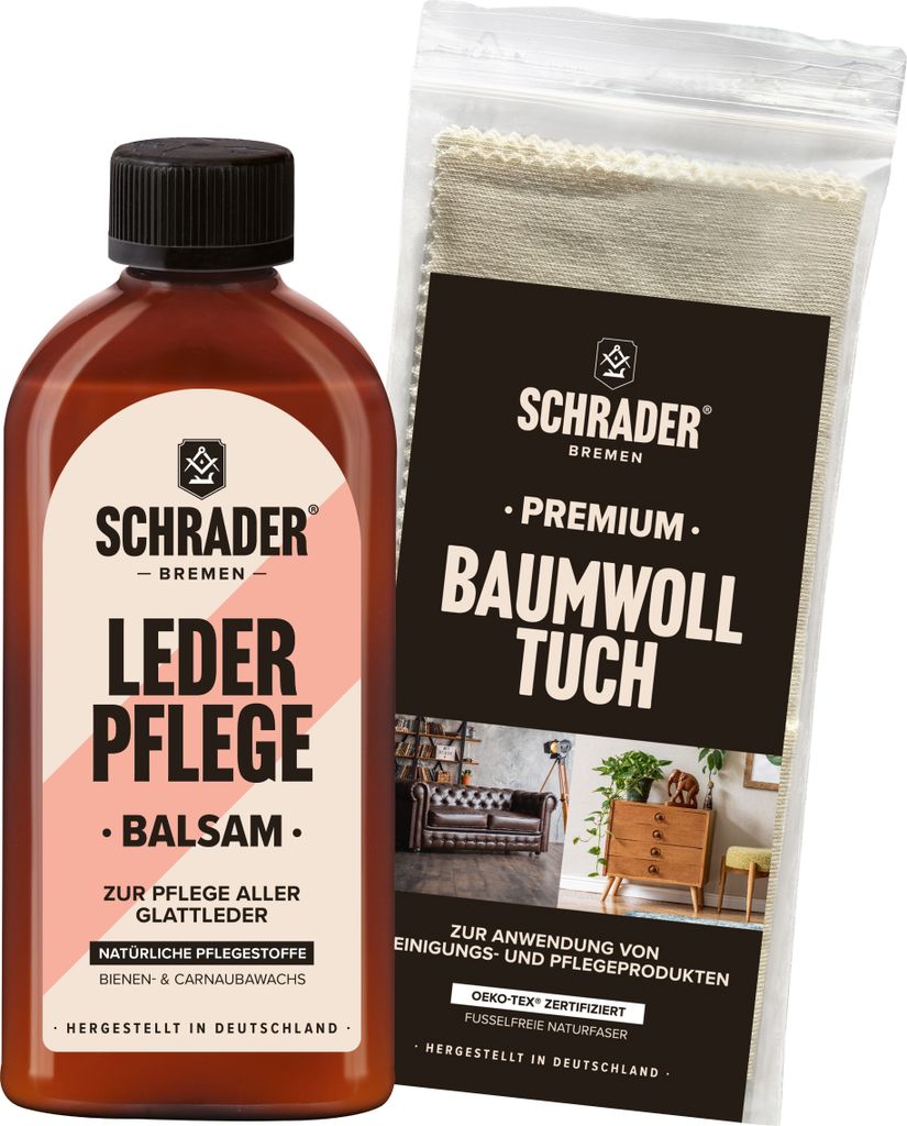 SCHRADER Leder Balsam + Baumwolltuch - zweiteiliges Set zur einfachen Pflege und zum Schutz von Glattleder - wirkt wasserabweisend - Germany