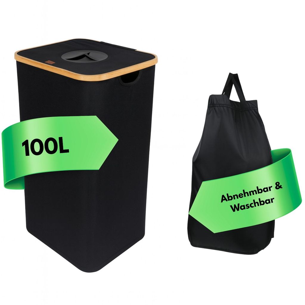 Valle Verde 100L Pfandflaschen Sammelbehälter, Flaschensammler, Leergut Aufbewahrung - Mit Bambusrahmen, Deckel & Innentasche - Schwarz, 40,5x33x7...