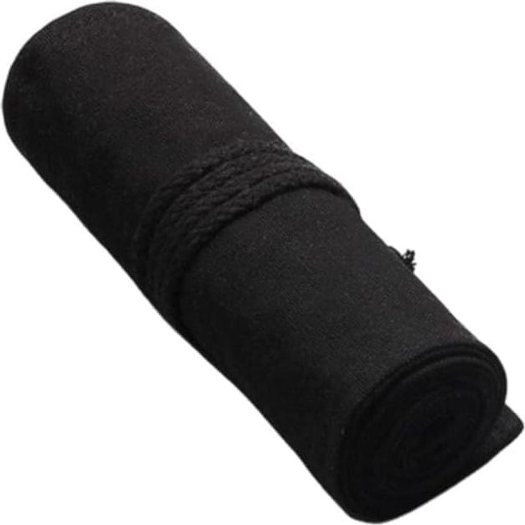 A black pencil case rolled up and tied with a string.