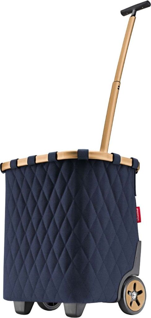A navy blue quilted shopping trolley with a gold telescopic handle and black wheels, set against a white background.