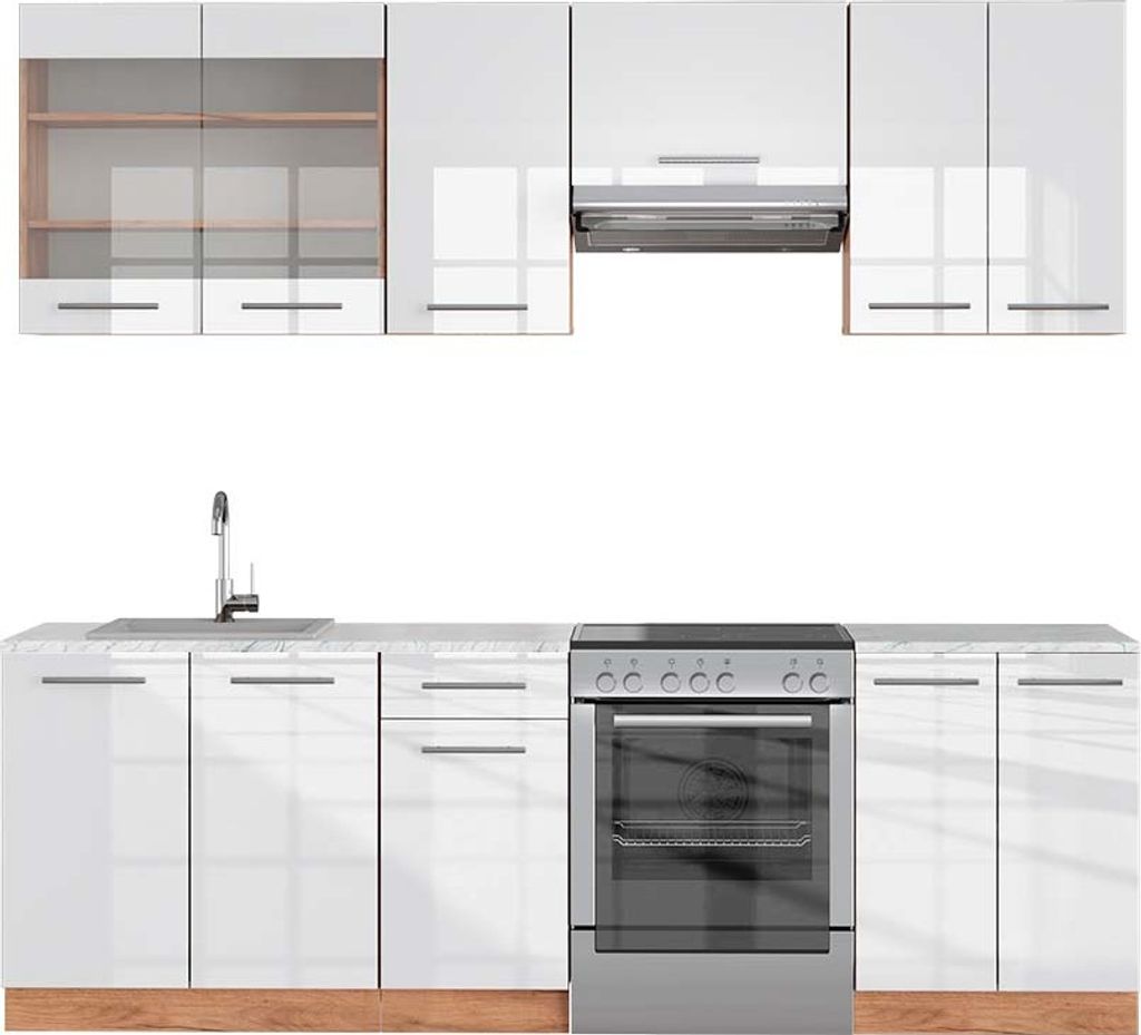 Küchenzeile Vicco Fame-Line Weiß Hochglanz/Goldkraft Eiche 240 cm , AP Marmor, Model 42323