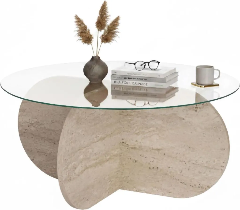 Dmora Tavolino da Salotto Cugnoli 75x75x35h cm Bianco Marmo, Forma Rotondo Materiale Piano in Vetro