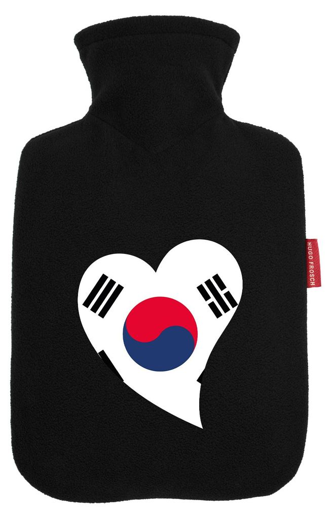 Huuraa Wärmflasche Südkorea Flagge Herz 1,8 Liter Black Classic Veloursbezug Bettflasche Geschenkidee