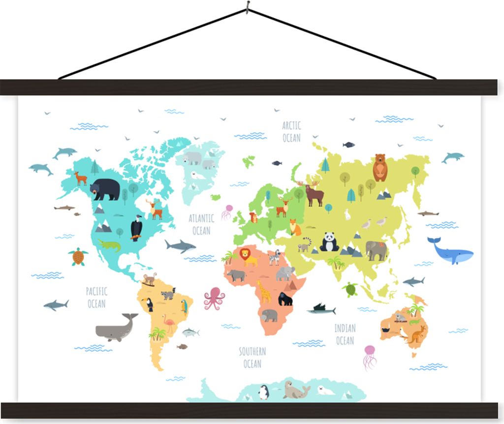 MuchoWow Textilposter Weltkarte - Tiere - Kinder 150x100 cm mit schwarzem Rahmen - Schlafzimmer