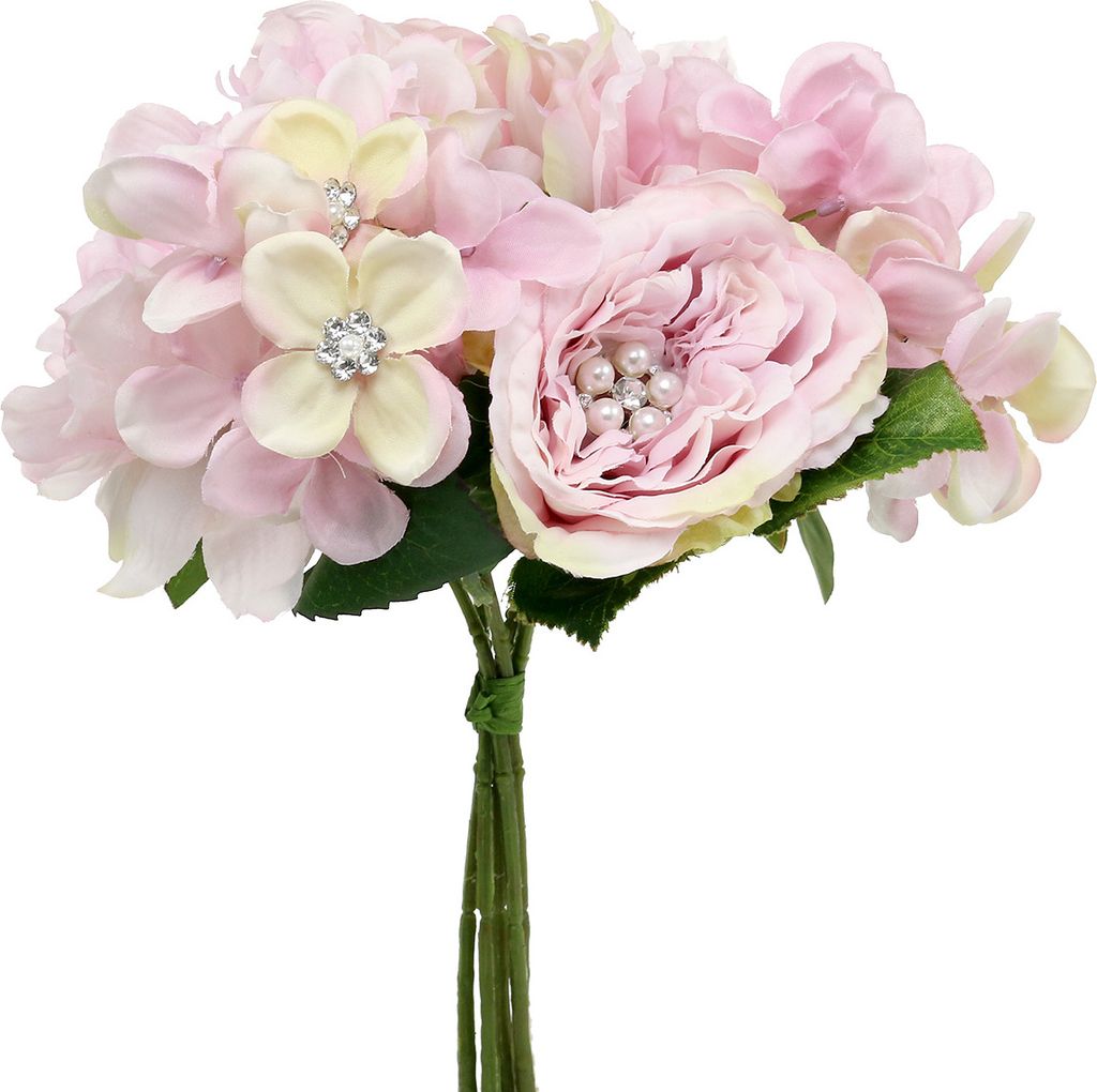 Romantischer Hochzeitsstrauß mit Blumen und Perlendeko für Tischdekoration