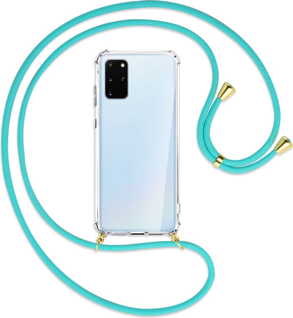 Handykette Backcover-Schutzhülle mit Band (Metall goldfarben) für Samsung Galaxy S20 Plus - türkis
