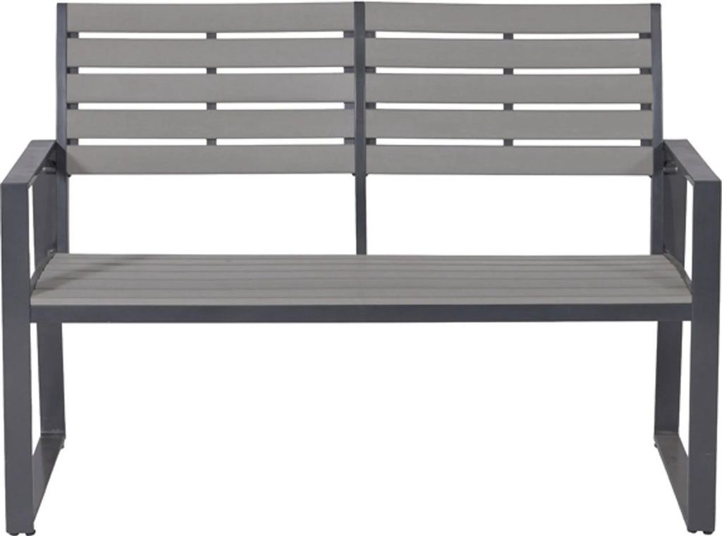 A garden bench with a slatted seat and backrest, supported by a dark gray metal frame.
