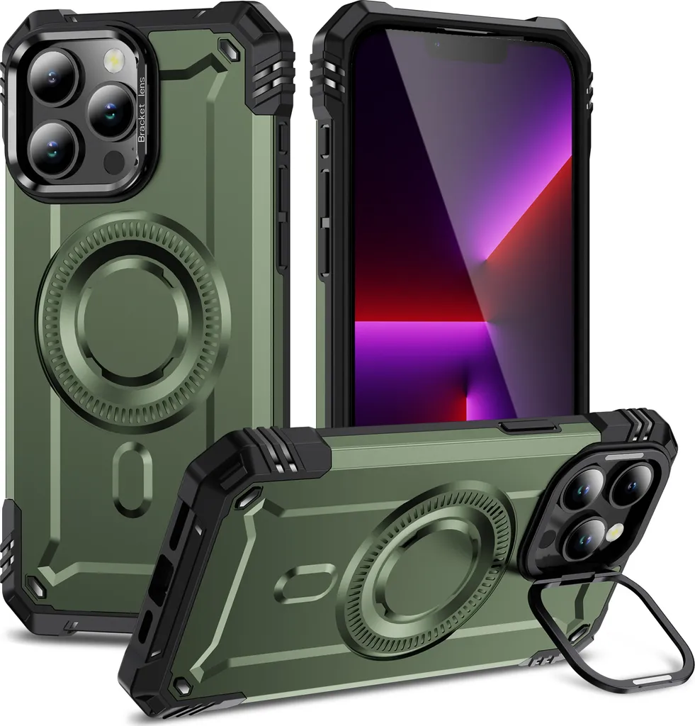 Custodia magnetica per iPhone 13 Pro, robusta custodia protettiva militare con supporto ad anello per fotocamera Verde