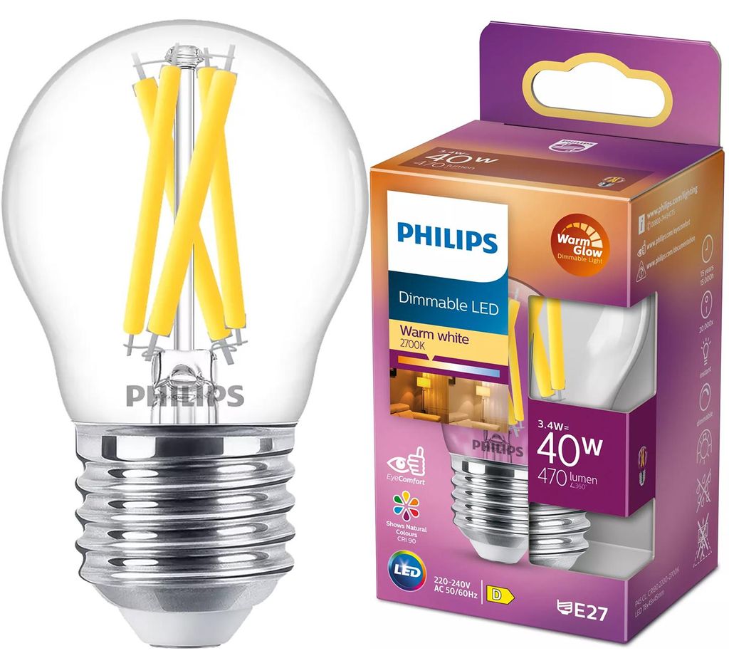 Philips Przezroczysta żarówka Filament 40 W P45 E27, 3,4 W, Zdjęcie produktu 