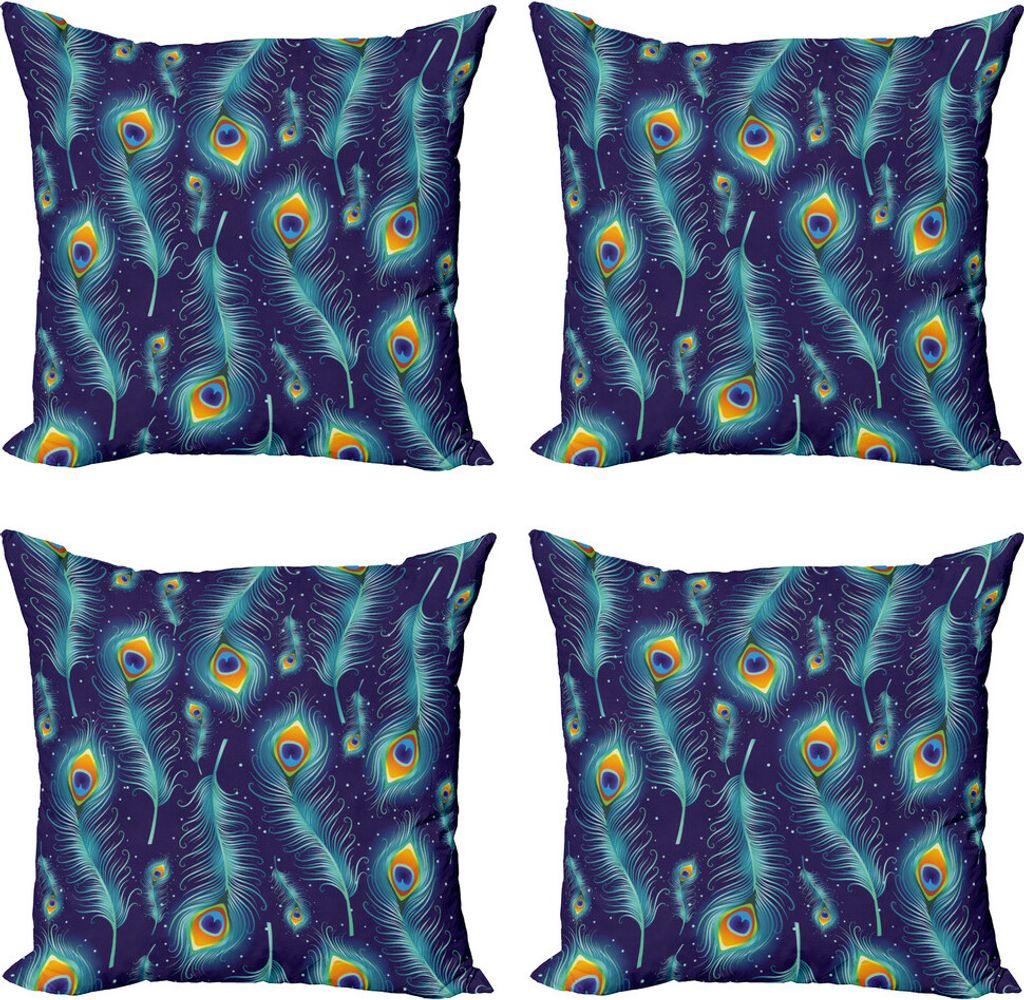 ABAKUHAUS Pfau Kissenbezug Set (4 Stück), Pfau-Vogel-Federn, Moderner Doppelseitiger Digitaldruck, 45 cm x 45 cm, Navy Blau Orange