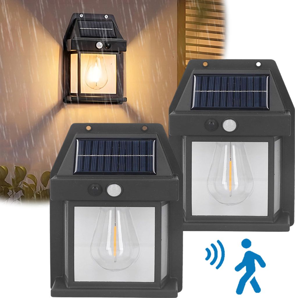 2 Stück Solar Wandleuchte Außen Bewegungsmelder IP65 LED-Birne,Solarlampe Gartenleuchte 3 Modi Wasserdicht Warmweiß Balkon Hof Tor Pavillon, Schwarz