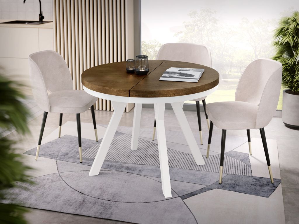 Designer Runder Ausziehbarer Esstisch - Loft-Stil, Industriell, Platzsparend - Weiße Beine - 100 bis 150 cm - für 5-8 Personen - Hergestellt in E...