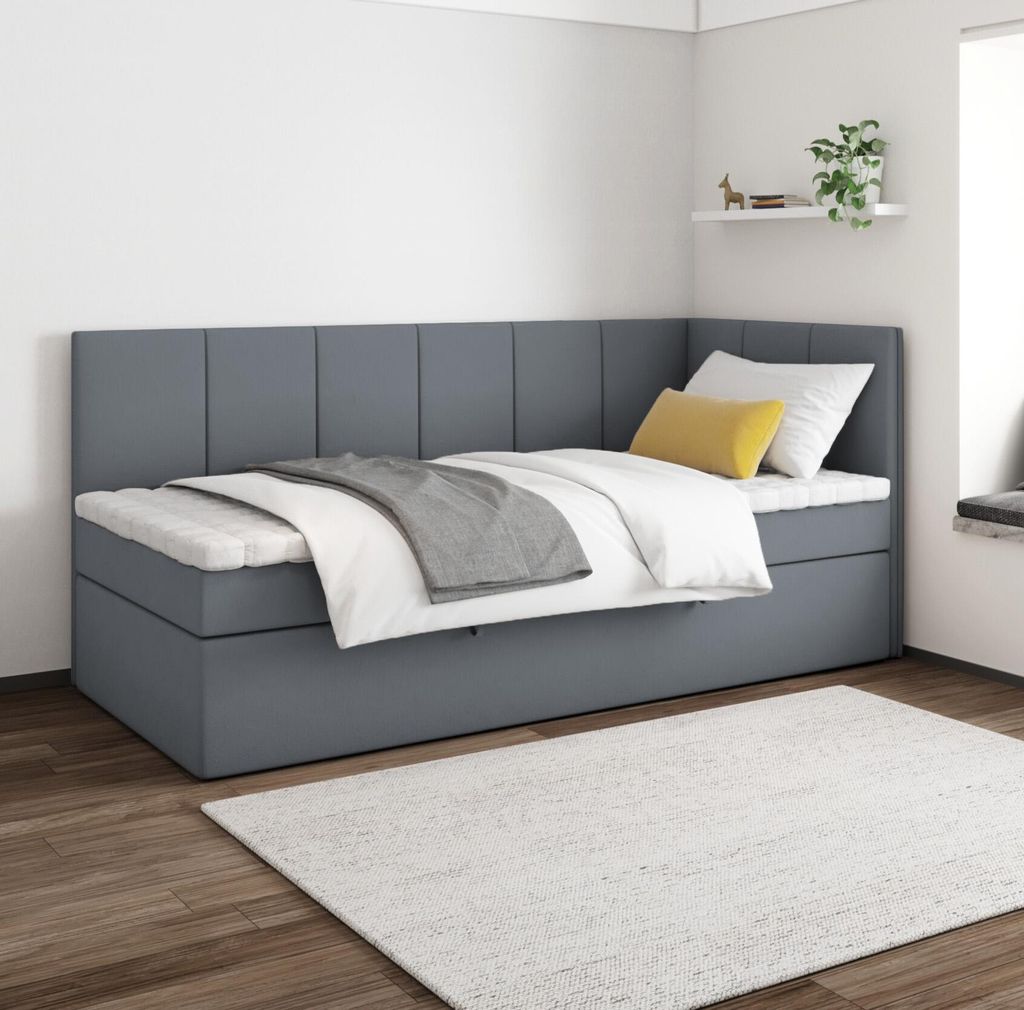 Boxspringbett MILA 90x200 cm, T25 Topper, Kinderbett, Jugendbett, Einzelbetten, Bett, Stauraum Polsterbett, Matratze H3, RECHTS(Dunkelgrau - Itaka 14)