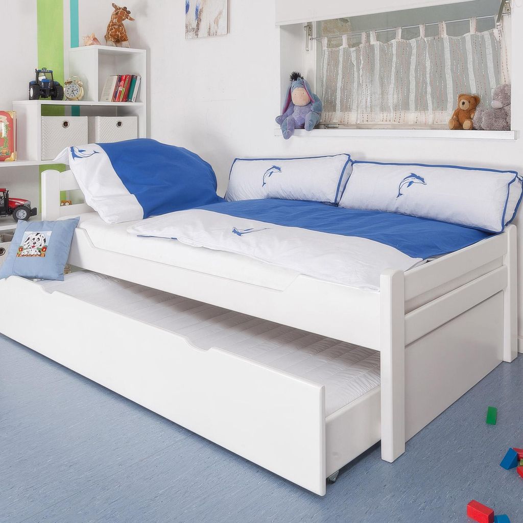 Ausziehbett / Kinderbett 90 x 200 cm | Massivholz: Buche | Weiß Lackiert | inkl. 2. Liegeplatz 90 x 190 cm ausziehbar und 2 Rollrost